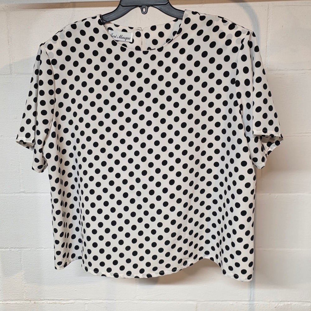 Jeri Marque Women Plus 2X Polka Dot Blouse Black White Short Sleeve Keyhole Back